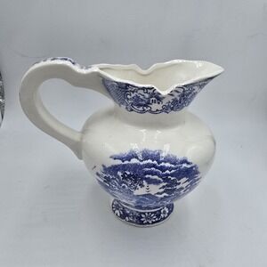 Artmark Japan Blue White Ceramic Pitcher Transferware Asian Scene Landscape